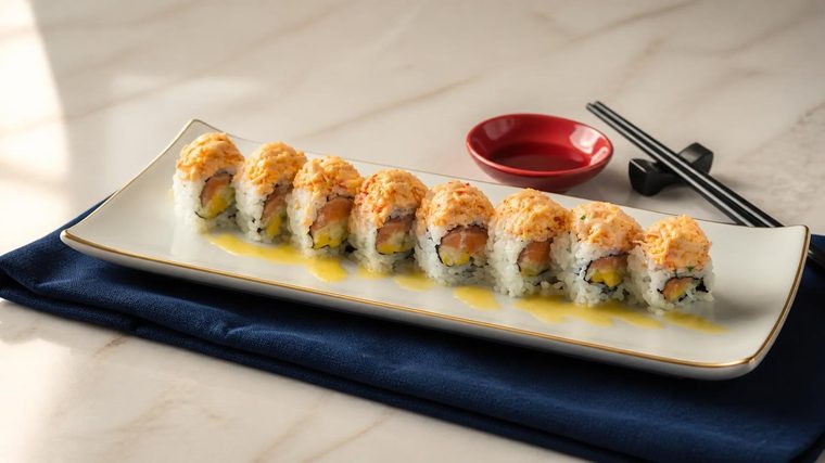 Sushi Queen Roll with spicy crabmeat and mango sauce